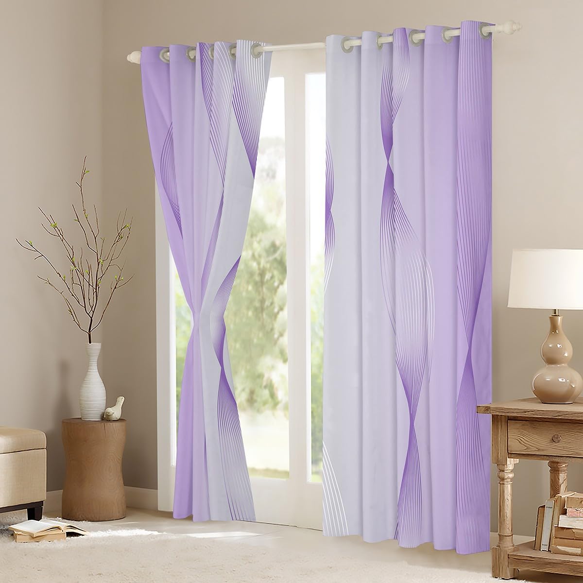 Homewish Gradient Lilac and Greyish White Blackout Curtains Ombre 2 Panels 46" Wx72 L Curtains & Drapes,Trippy Spiral Silver Wave Line Curtains,Abstract Art Room Decor Aesthetic - Image 4