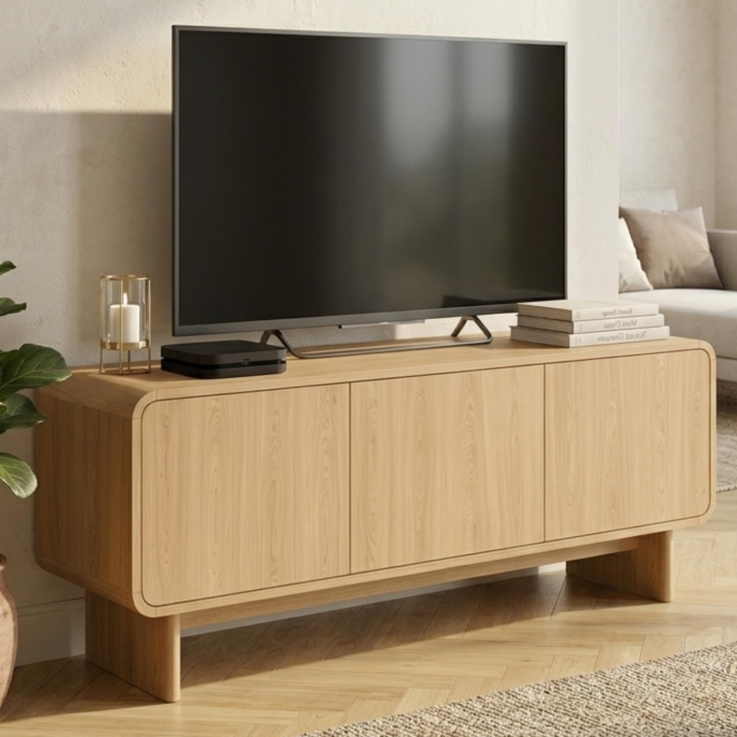 IDMarket - Meuble TV 140 cm Capucine 3 Portes façon hêtre Design Arrondi