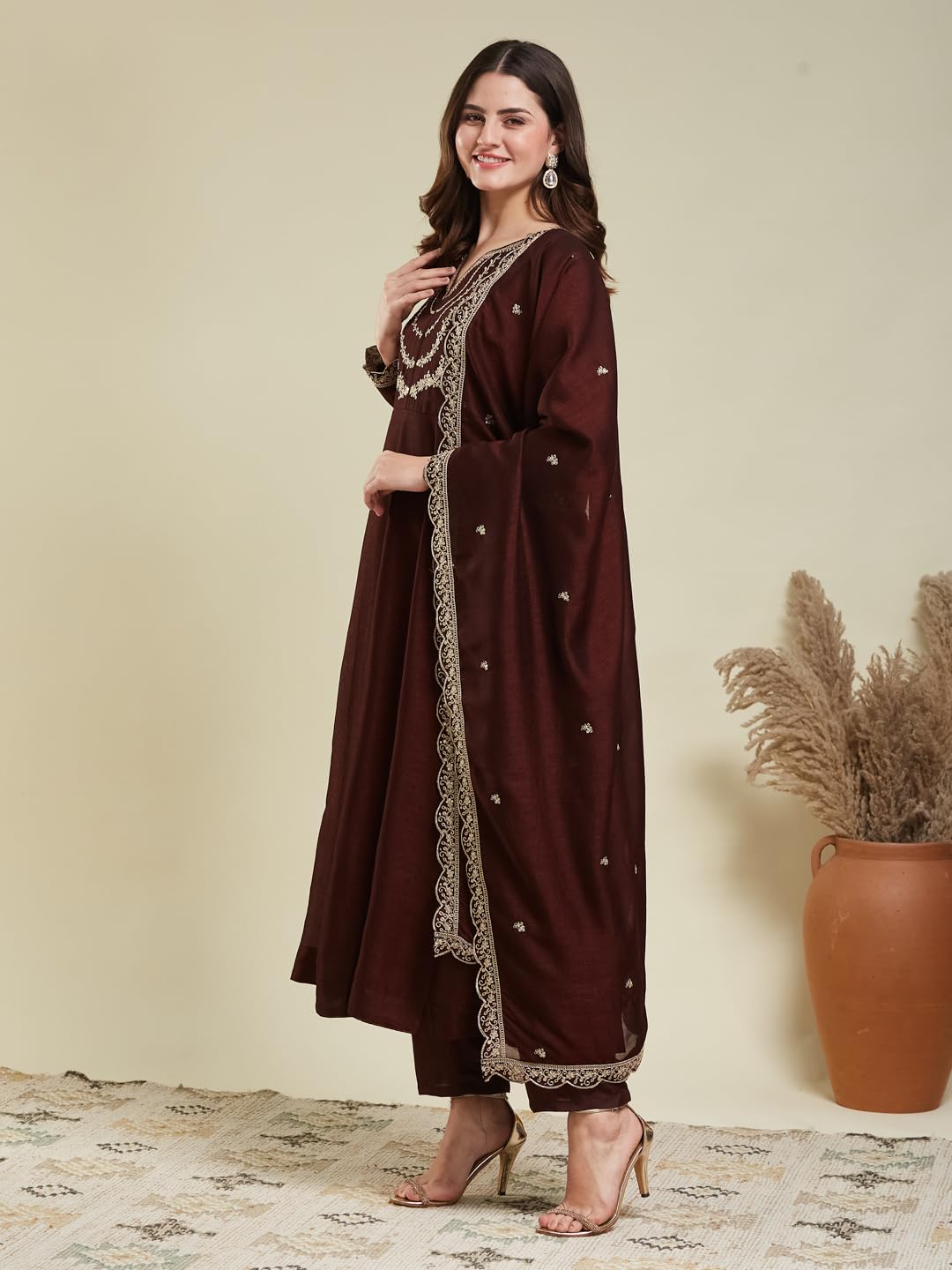 MOKOSH Women's Silk Embroidered Anarkali Kurta Pant Dupatta Set (444-05-L) Coffee - Image 6 thumbnail