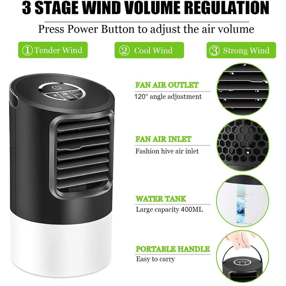 Condizionatore Portatile,Mini Raffrescatore Evaporativo Umidificatore,Basso Rumore Raffreddatore d'Aria Climatizzatore Personal Air Cooler con 3 velocità per Casa Ufficio Viaggio