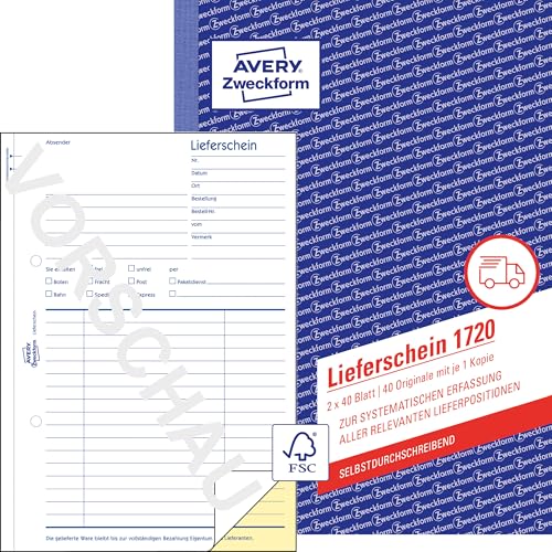 AVERY Zweckform 1720 Lieferschein (A5 selbstdurchschreibend 2x40 Blatt) weiß/gelb