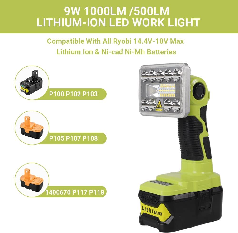 Portable Led Work Light for Ryobi 18v Battery, 9w 1000lm Battery Powered Lights Powered by Ryobi Battery, Rechargeable Led Flood Light Tools for Men