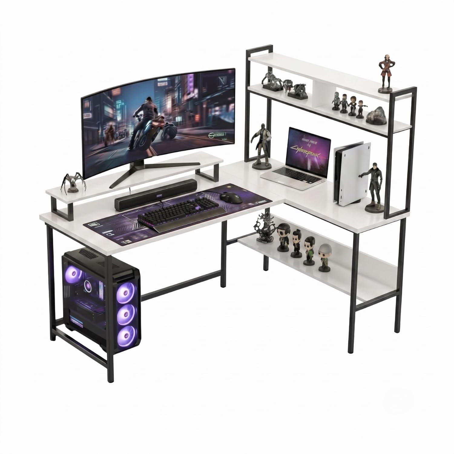 TEKAVO Tonny L Shape Table for Home Office, Computer Table for Home Pc, L Shaped Office Table, Gaming Work Desk | with Book Shelf + Monitor Riser, White Wood, Metal (124 x 48 x 75 Cm) | DIY-image-1