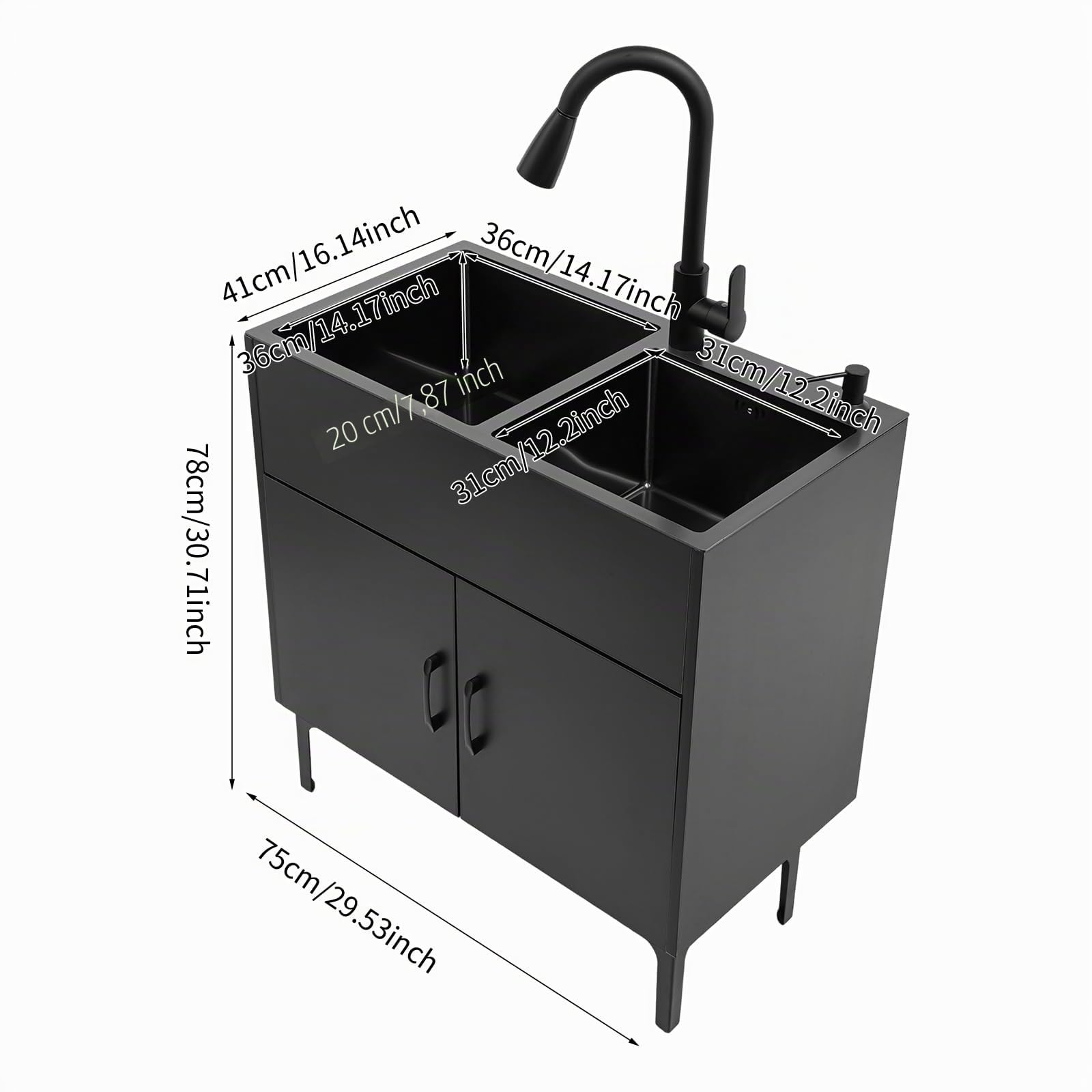 Évier Double 75x41cm Acier Inoxydable Noir, Lavabo avec Armoire et Robinet Extractible, Ensemble Complet de Cuisine avec Égouttoir, Moderne Meuble évier Pour Cuisine Buanderie