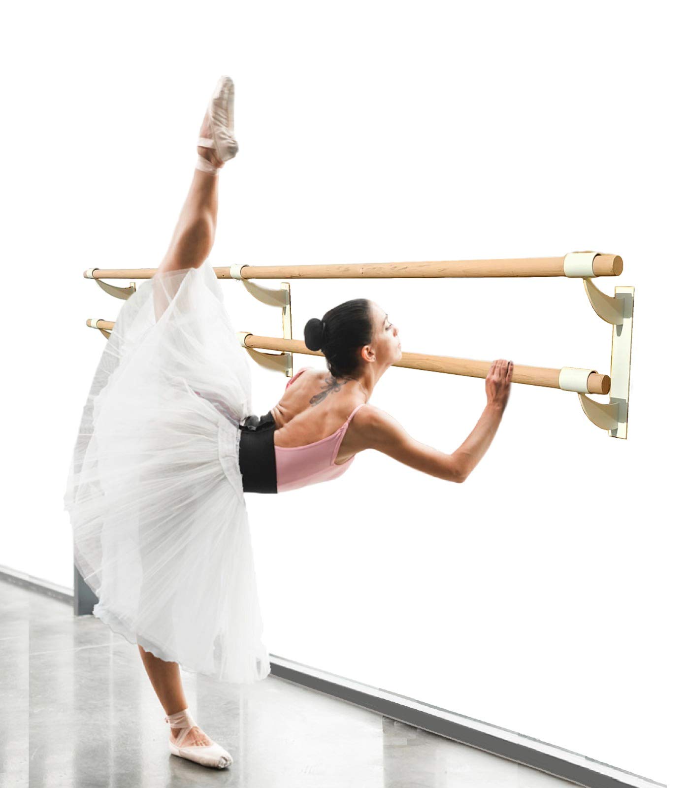 Pro-Gymnastics Ballet Barre 40 FT Long Double Bar White 1.5” Diameter - Fixed Height Wall Mount Ballet Barre System Traditional Wood, Home or Studio Ballet Bar, Dance, Stretch Bar, Dancing/Stretching