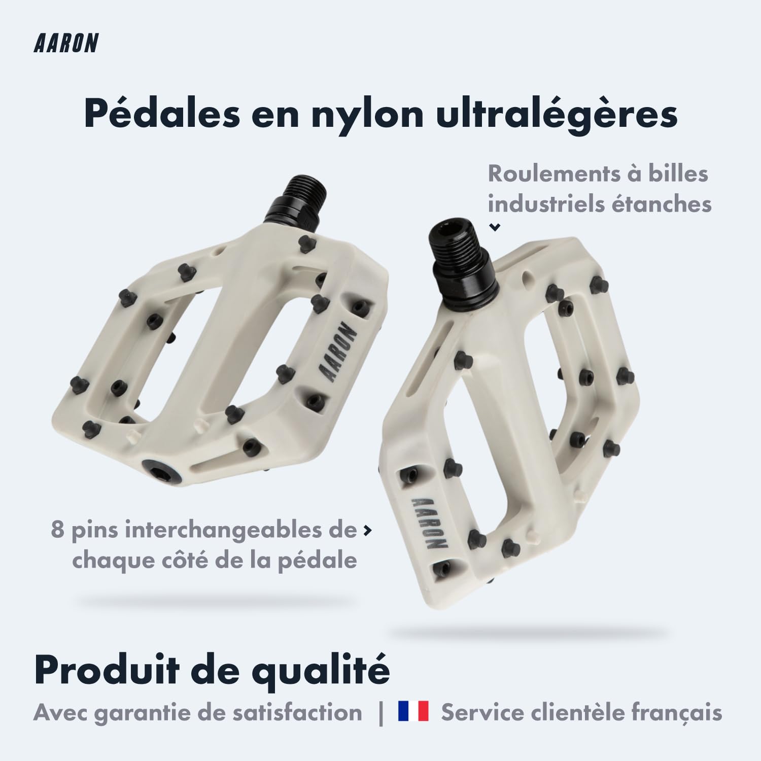 AARON Pédales Dirt MTB en fibres de nylon ultra légères avec roulement à billes industriel scellé, antidérapantes grâce à 8 broches interchangeables, pédales de vélo pour dirtbike, vélo électrique,