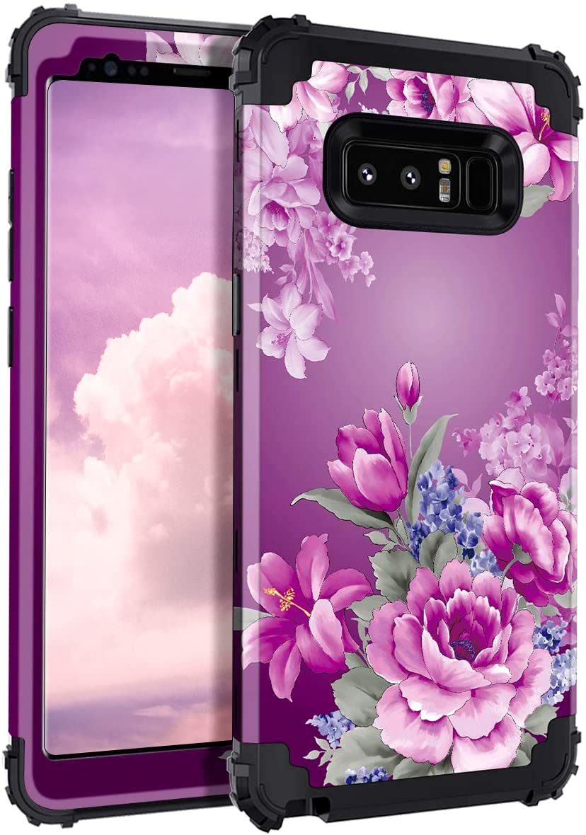 Compatible with Galaxy Note 8 Case Floral 3 in 1 Heavy Duty Hybrid Sturdy High Impact Shockproof Protective Cover Case for Samsung Galaxy Note 8, Purple Flower