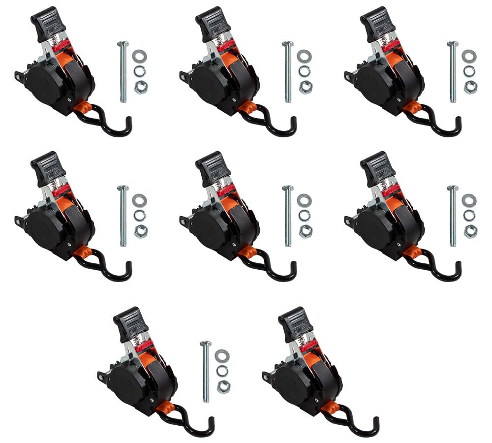 Mytee Products 8 Pack 1''x10' Bolt on Orange Retractable Ratchet Straps for Cargo - Coated S Hook Auto Retract Ratchet Straps - Self Ratcheting Strap
