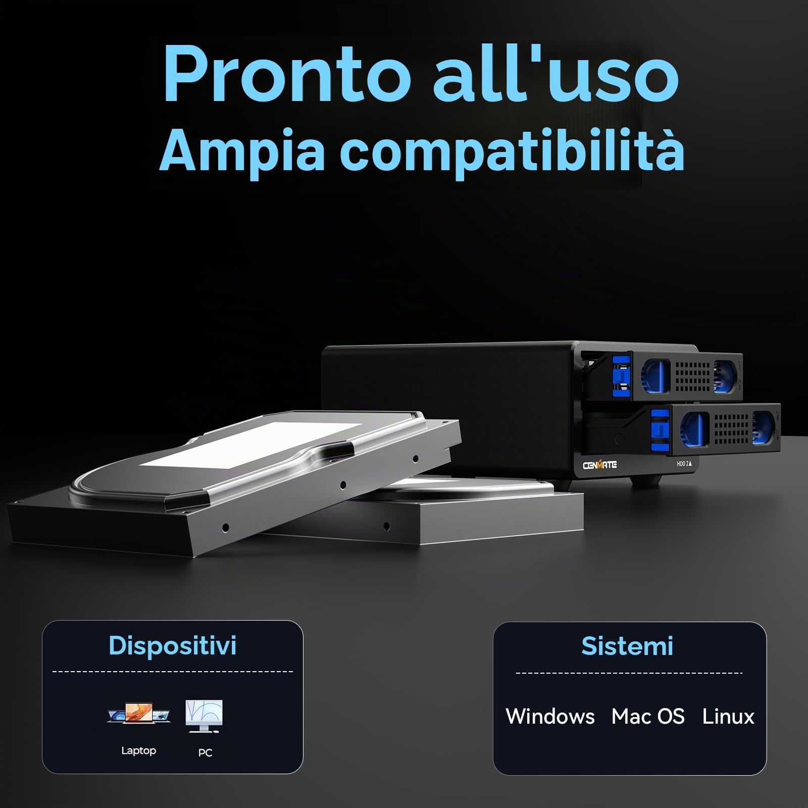 CENMATE Hard Drive Case 2 Baia in Alluminio con Ventola per HDD/SSD SATA da 2,5/3,5 con USB A/C 3.0, Supporto Hot Swappable, Espansione a Margherita, Case HDD senza attrezzi, DAS (NO RAID/NAS)