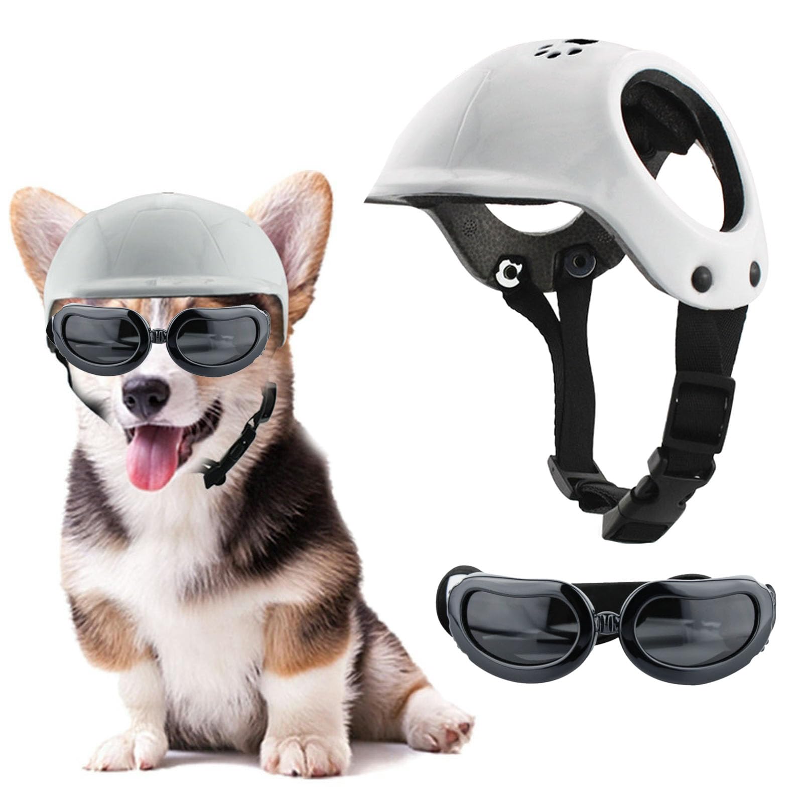 UOSIA Pet Dog Helmet and Dog Goggles Set Puppy Motorcycle Helmet Sunglasses with Adjustable Belt Cat Hard Hat for Small Pet Riding (S, White)