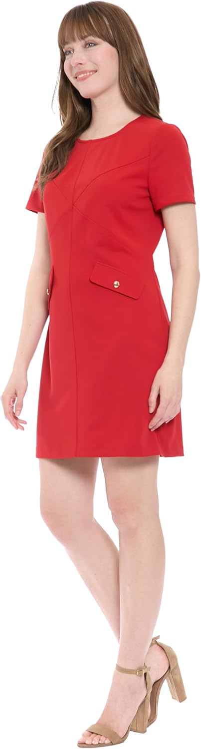 London Times - Women's Short Sleeve Round Neck Sheath Dress with Welt Pockets - Professional Work Dresses - Medium - Image 2