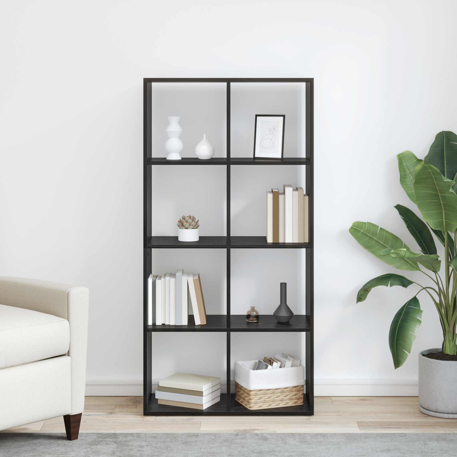 Bibliothèque chêne Noir en Bois d ingénierie 69,5 x 29 x 137,5 cm avec 8 étagères Compartiments, rayonnage pour Salon Bureau Chambre Rangement Livres, dossiers, CD, DVD, Mangas