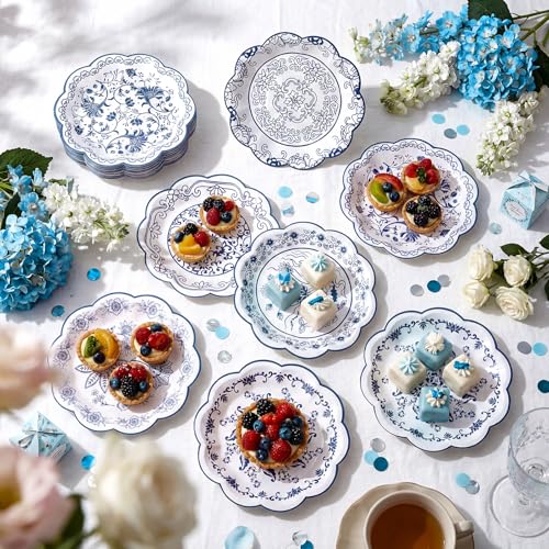 Image of Funnymoom 60 Pcs 7 Inch Blue Floral Plate Blue White Chinoiserie Scalloped Paper Plate for Dessert Porcelain Disposable Party Decor Tableware, Vintage Birthday Wedding Bridal Shower Tea Party Supplies