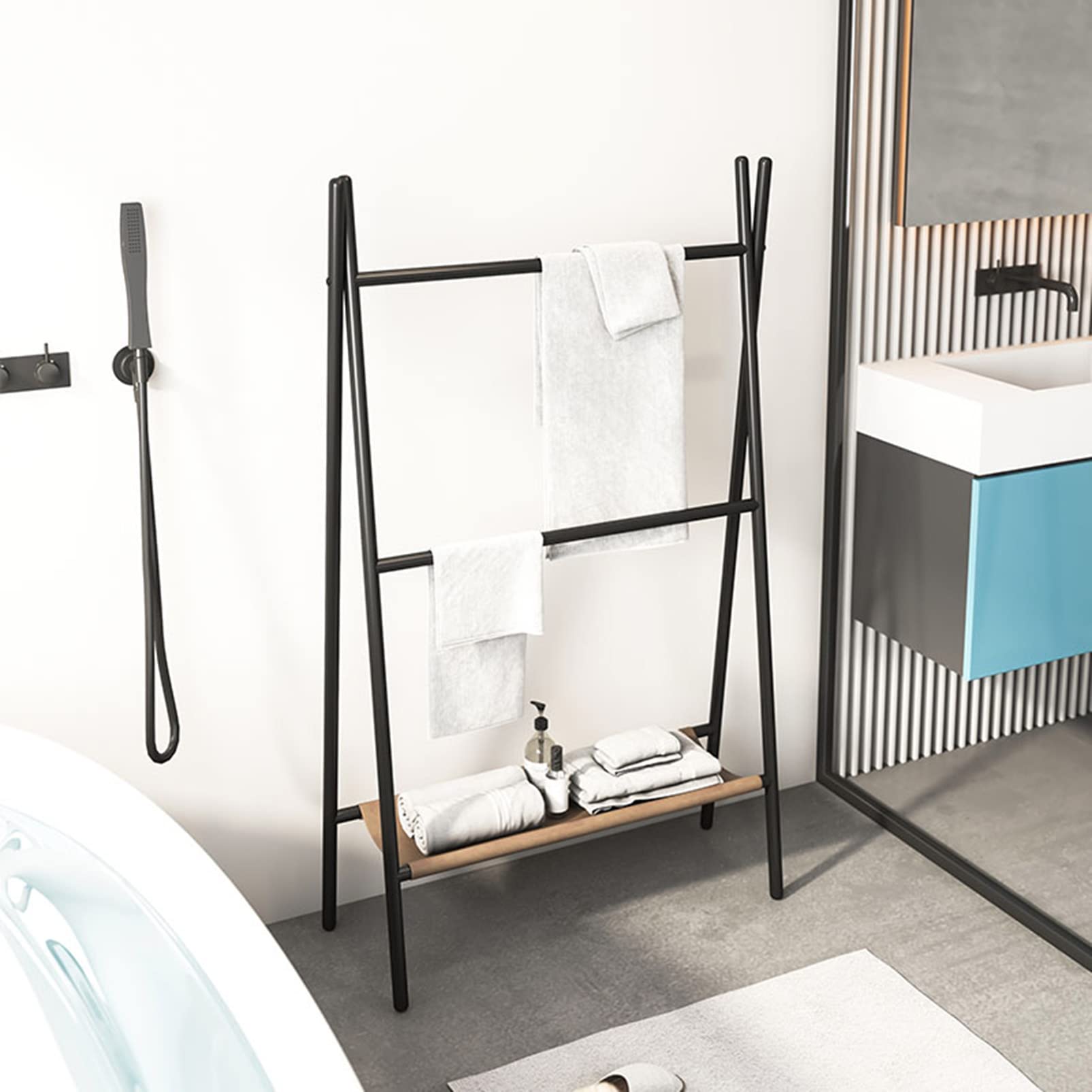 Toallero Independiente de 3 Niveles, Soporte para toallero de Suelo, Soporte para Secado de Toallas de baño con Estante de Almacenamiento Inferior, Estante Junto a la Piscina