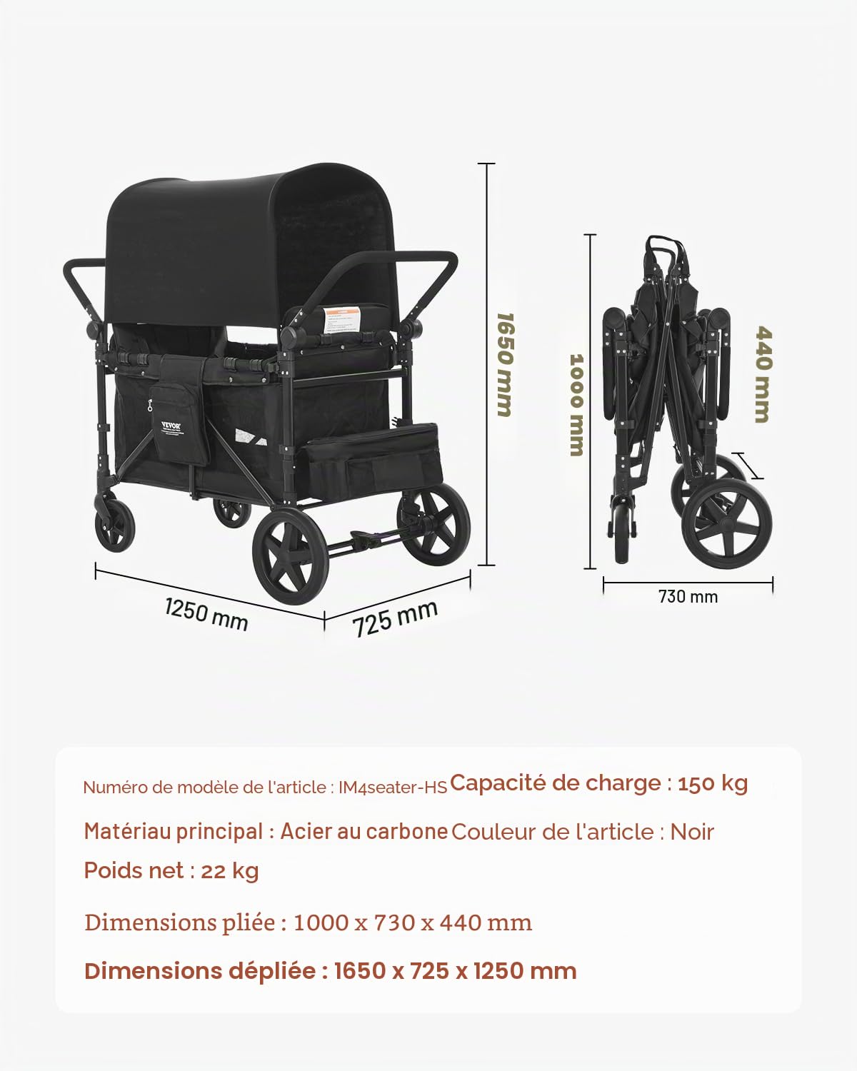 VEVOR Poussette Chariot pour 4 Enfants Pliable à Quatre Roues, Capacité de Charge 150 kg, avec Poignée Réglable, Harnais de Sécurité 5 Points, Auvent Amovible, Poussette 4 Places pour Camping, Noir
