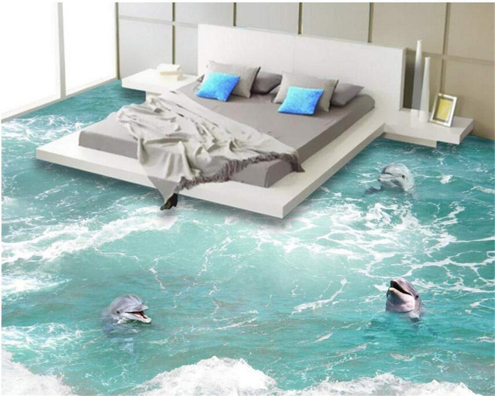 Papel pintado de suelo 3D personalizado para baño, cocina, papel pintado autoadhesivo impermeable delfín en las olas-200cmX140cm