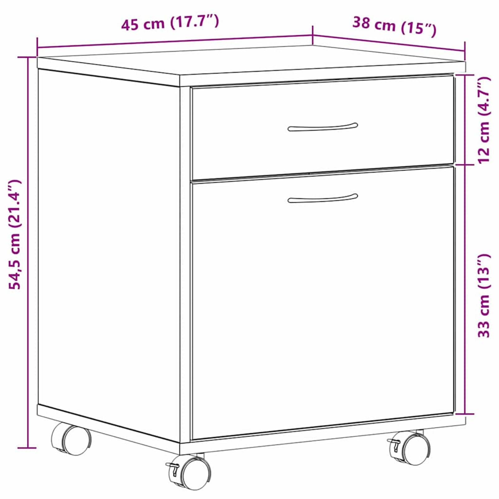Armadio con ruote in rovere nero, 45 x 38 x 54 cm, 2 ante con ripiano, per ufficio domestico e abitazioni moderne