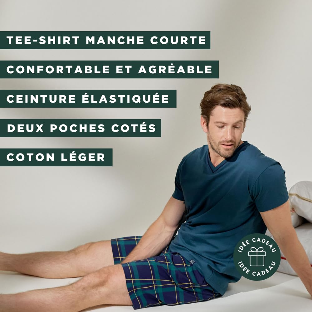 ARTHUR - Pyjama Court Homme, Ensemble Manches Courtes et Short - 100% Coton Bio Doux et Confortable