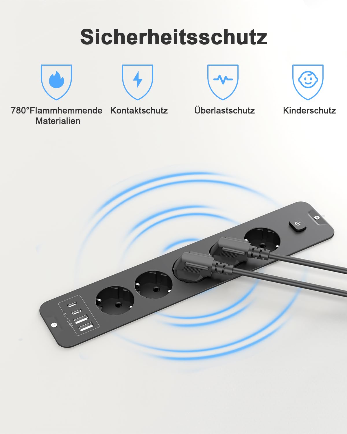 Ciabatta elettrica con USB, multipresa a 5 scomparti con interruttore, presa a scomparsa da tavolo, da cucina, con cavo da 2 m, per tavolo da conferenza, piano di lavoro, divano (nero, 5 scomparti)