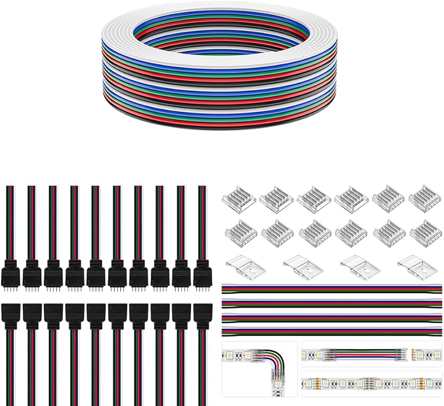 BTF-LIGHTING 5pin SMD 12mm Connector kit 12pcs Transparent Connector 4pcs 15cm Long 22AWG Extension Cable Wire to Board for gapless soldering and 5pin LED Light Angle Connection