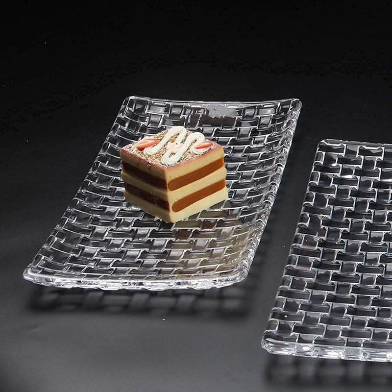 Image of Crystal Glass Serving Tray Rectangular 11 inch | Elegant Grid Relief Long Clear White Serving Plate | Serve Appetizer,Food,Sushi, Snack, Fruit, Cake & Dessert for Holiday Party