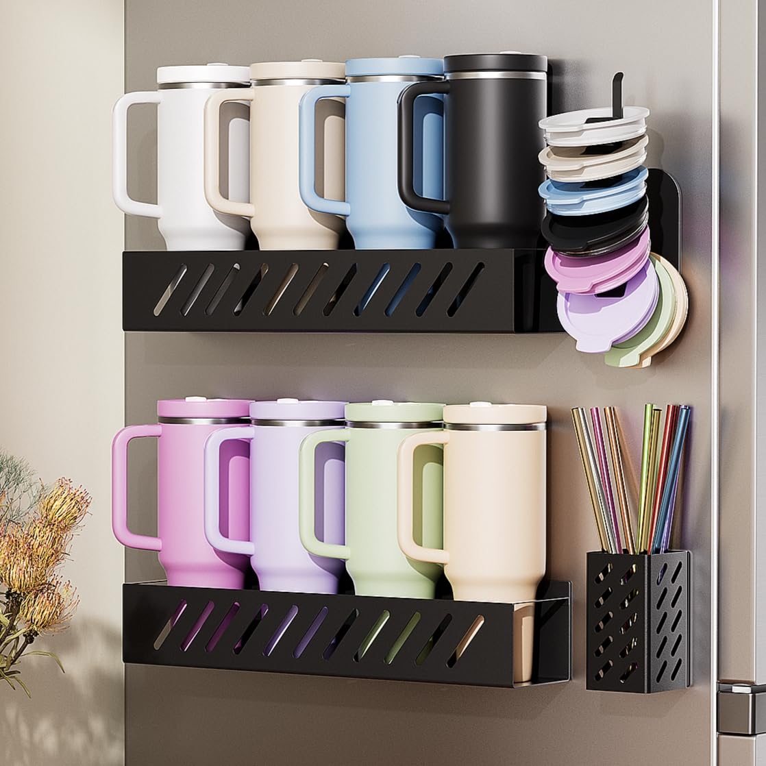 Photo 1 of Wolera 2-Pack Magnetic Stanley Cup Holder with Tumbler Lid & Straw Organizer for Full Stanley 30/40 oz Tumblers - Stores Bottle, Lid & Straw on Fridge/Iron - Removable