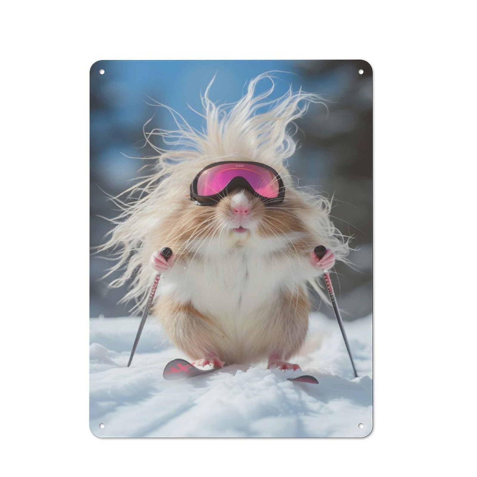 Junmoney Handsome Hamster On Skis For Lounge Or Reading Corner, Rustic Tin Sign 40X30cm, For An Autumn Update To Lounge And Reading Corner