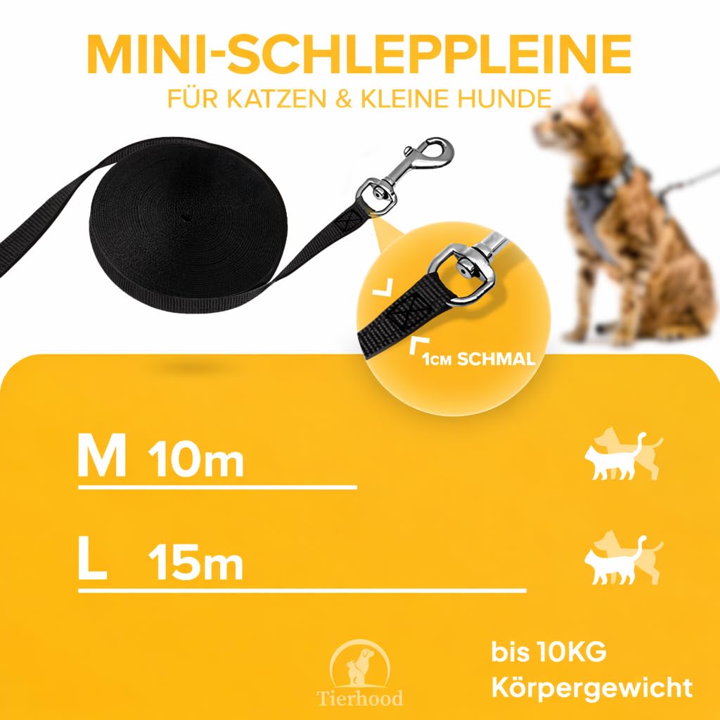 Tierhood Schleppleine 10m / 15m für Katzen und kleine Hunde - cat Leash - Leine für kleine Hunde - Schleppleine Hund - Katzenleine mit Handschlaufe - Katzenleine lang - Größe: 10m