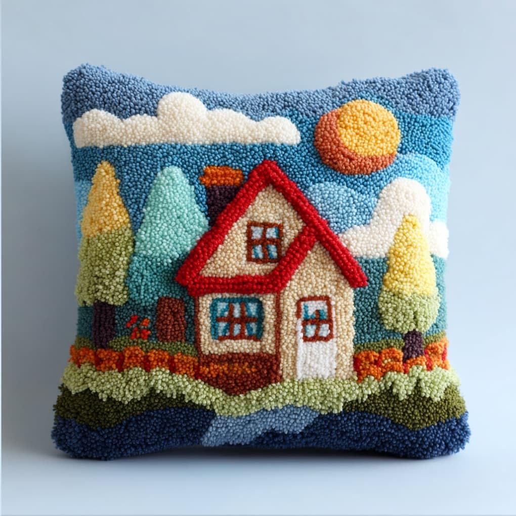 AxiangziK Latch Hook Cushion Kits,Houses DIY Needlework Pillow Cover Cushion Rug Making Kit,17X17Inch Handmade Embroidery Kits, Decorative Throw Pillow Cover for Sofa Cushions, Bedroom Decor