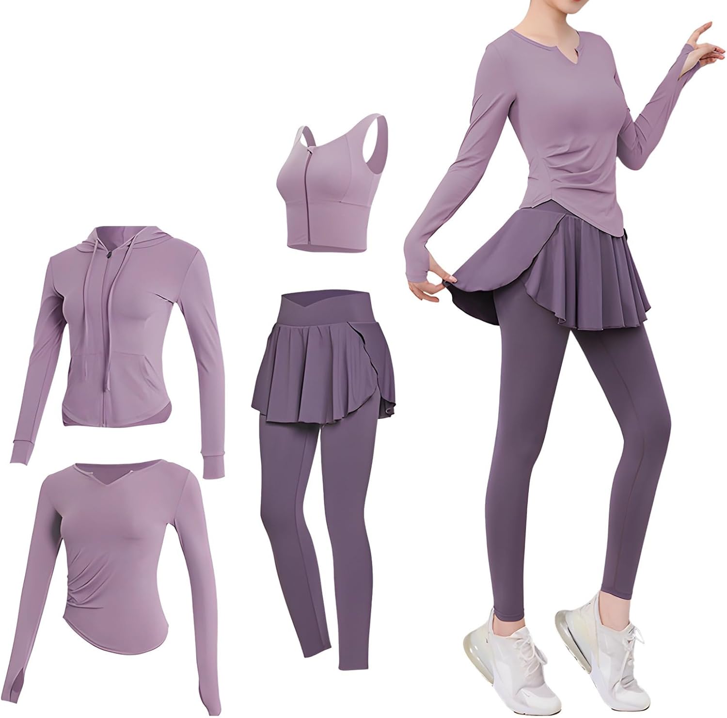 Women’S Yoga Pilates Set, 4 Pieces In Xxl, Includes Jacket, Sports Bra, Long Sleeve Top, Breathable Polyester-Spandex