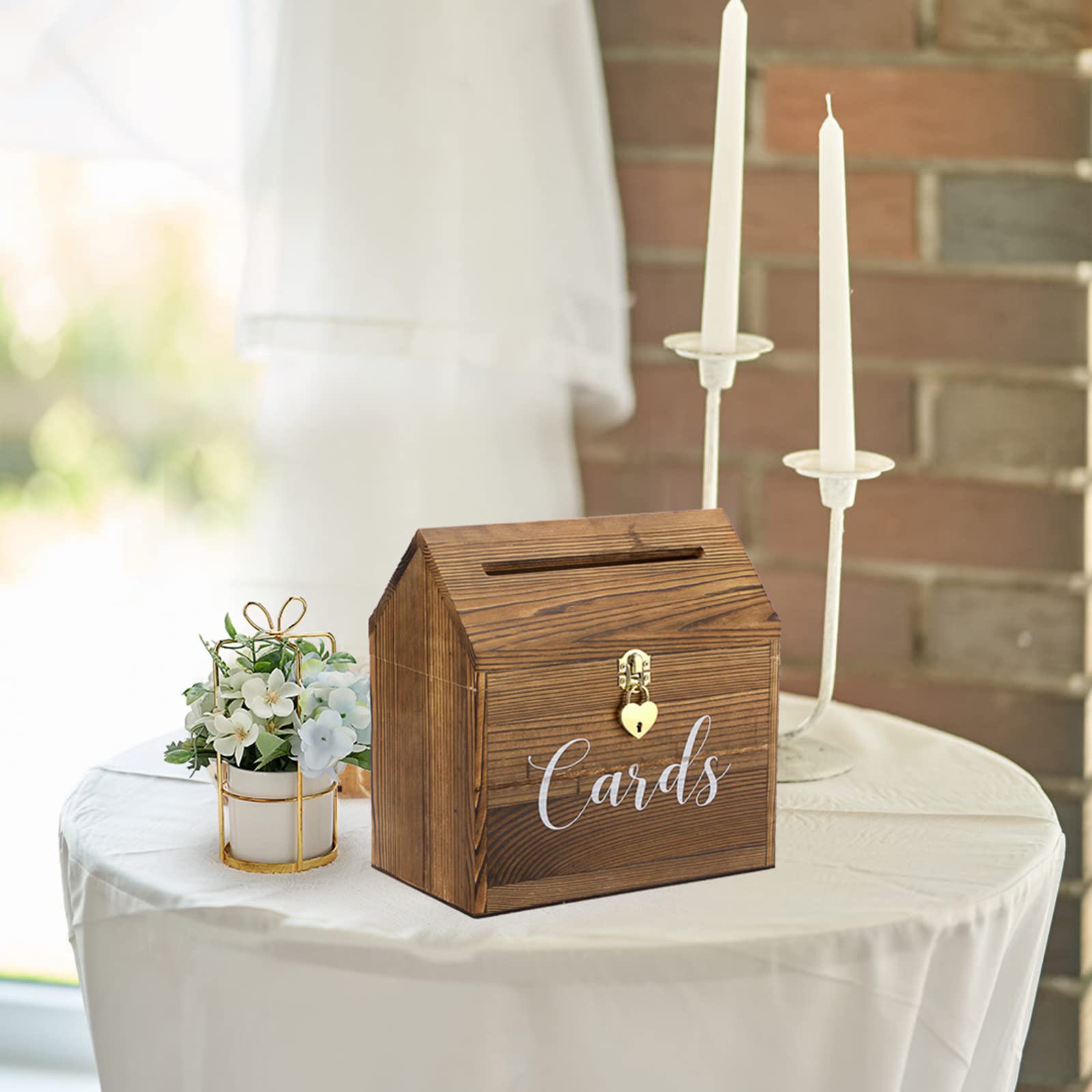 SUMNACON Vintage 25CM Holz Kartenbox mit Deckel Liebeschloss Hochzeit Kartenbox-Box für Jubiläum Weichnachten Hochzeit Geburtstag Baby-Shower Party Geschenkkarten Briefbox(Weiss,Braun)