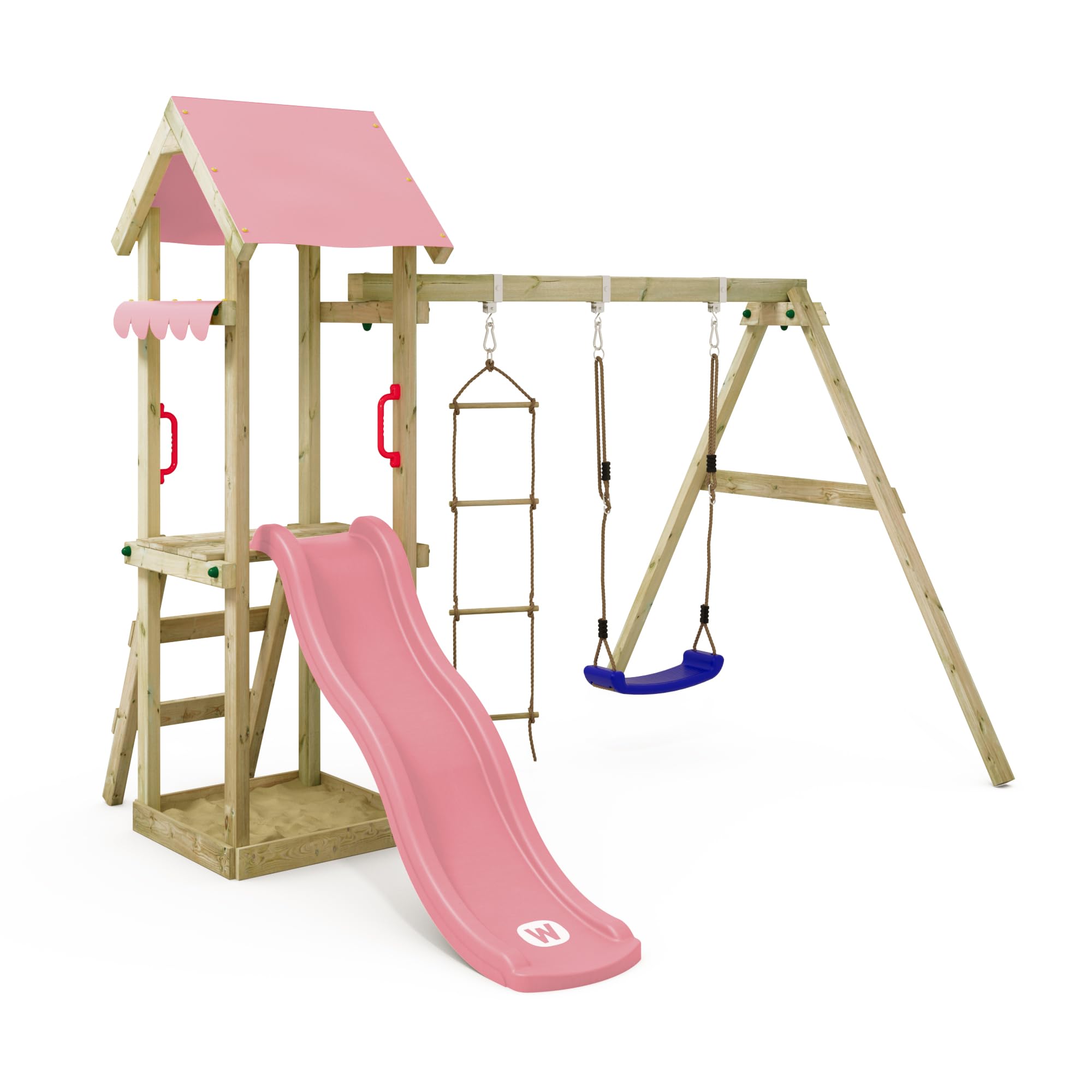 WICKEY Spielturm TinyCabin mit Schaukel & Pastellpinker Rutsche | Klettergerüst, Sandkasten, Leiter, Spiel-Zubehör für den Garten