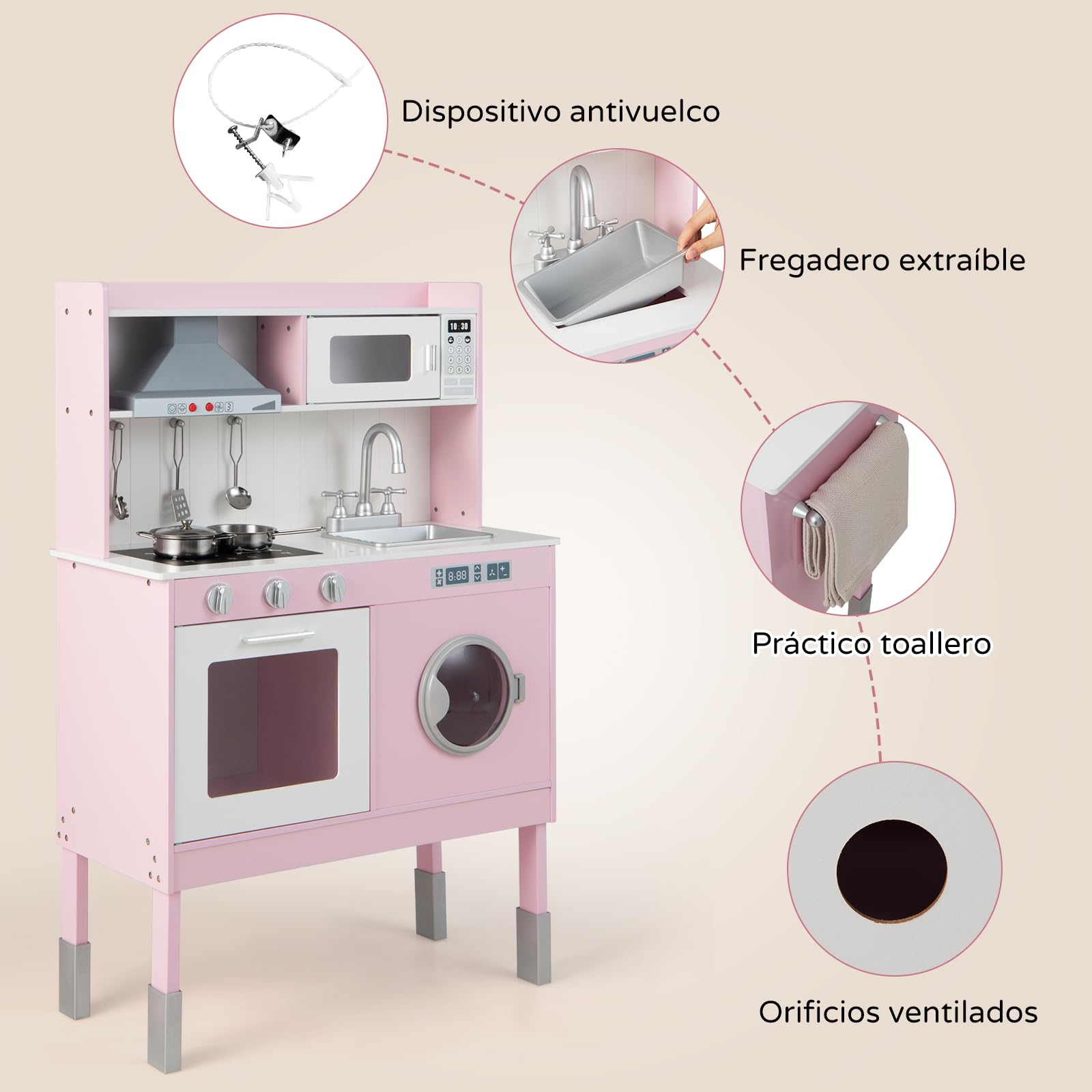 RELAX4LIFE Cocina Juguete con 5 Accesorios y Altura Ajustable 95/99/101cm, Cocinita Infantil con Luces y Sonidos Reales, Espacio de Almacenaje, Cocinita de Madera para Niños 3-8 Años (Rosa-Mini)