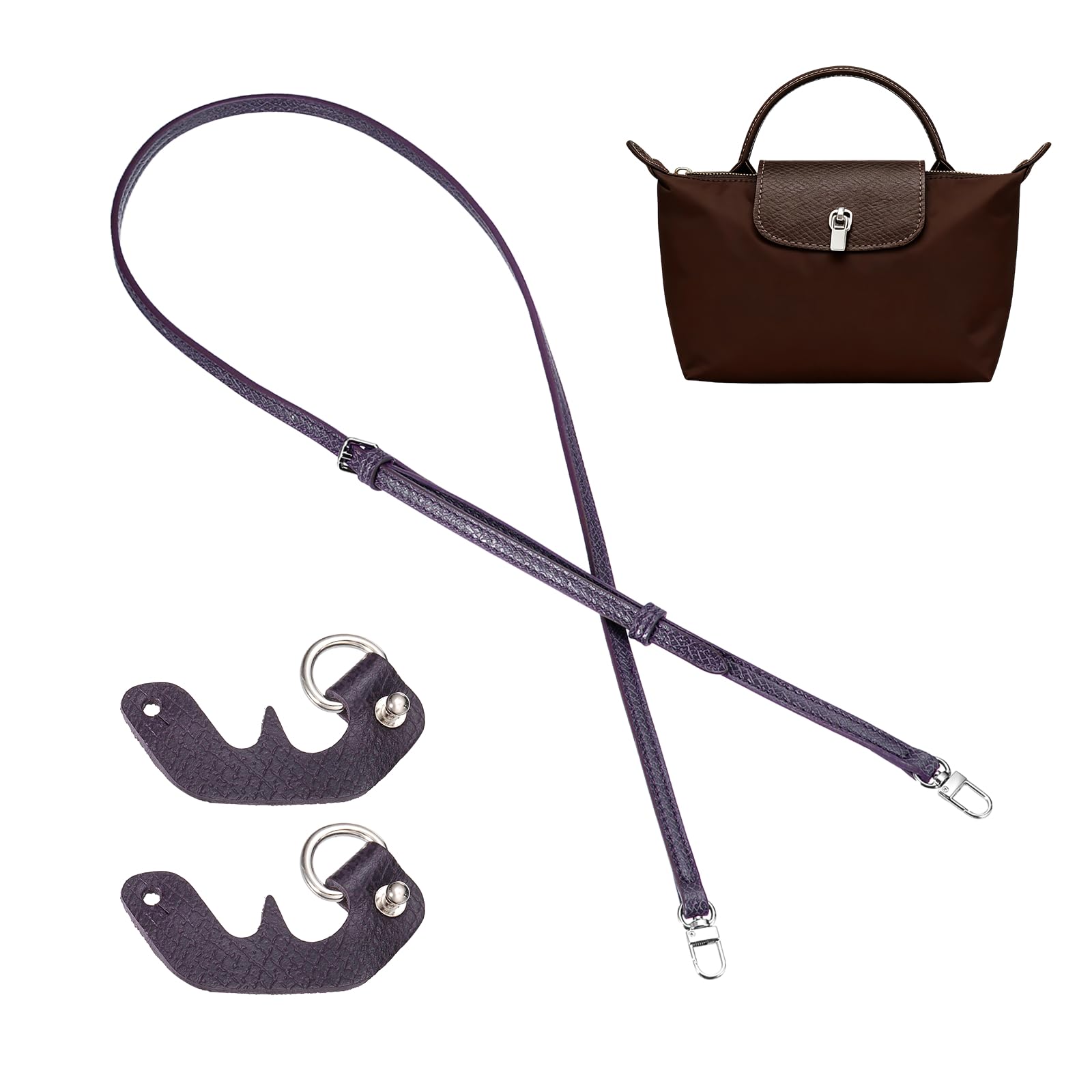 sourcing map Purse Straps Replacement, 0.4" Adjustable Leather Strap Crossbody Handbag Shoulder Strap Conversion Kit for Mini Pouch, Handcrafted Bag Accessories, (Purple, Silver Buckle)