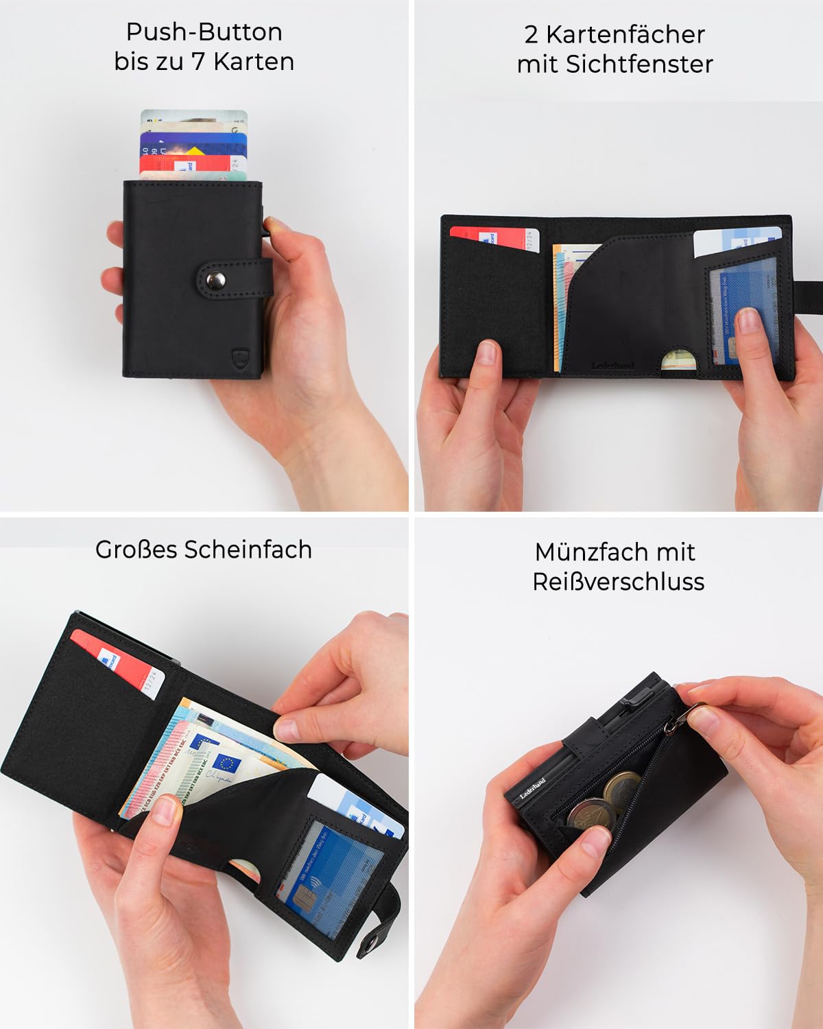 Lederhand Fargo Wallet – Leder Geldbörse handgemacht für Herren und Damen Portemonnaie Aluminium Kartenhalter mit Münzfach und Scheinfach - Platz für 9 Karten mit RFID NFC Schutz Farbe | (Schwarz)