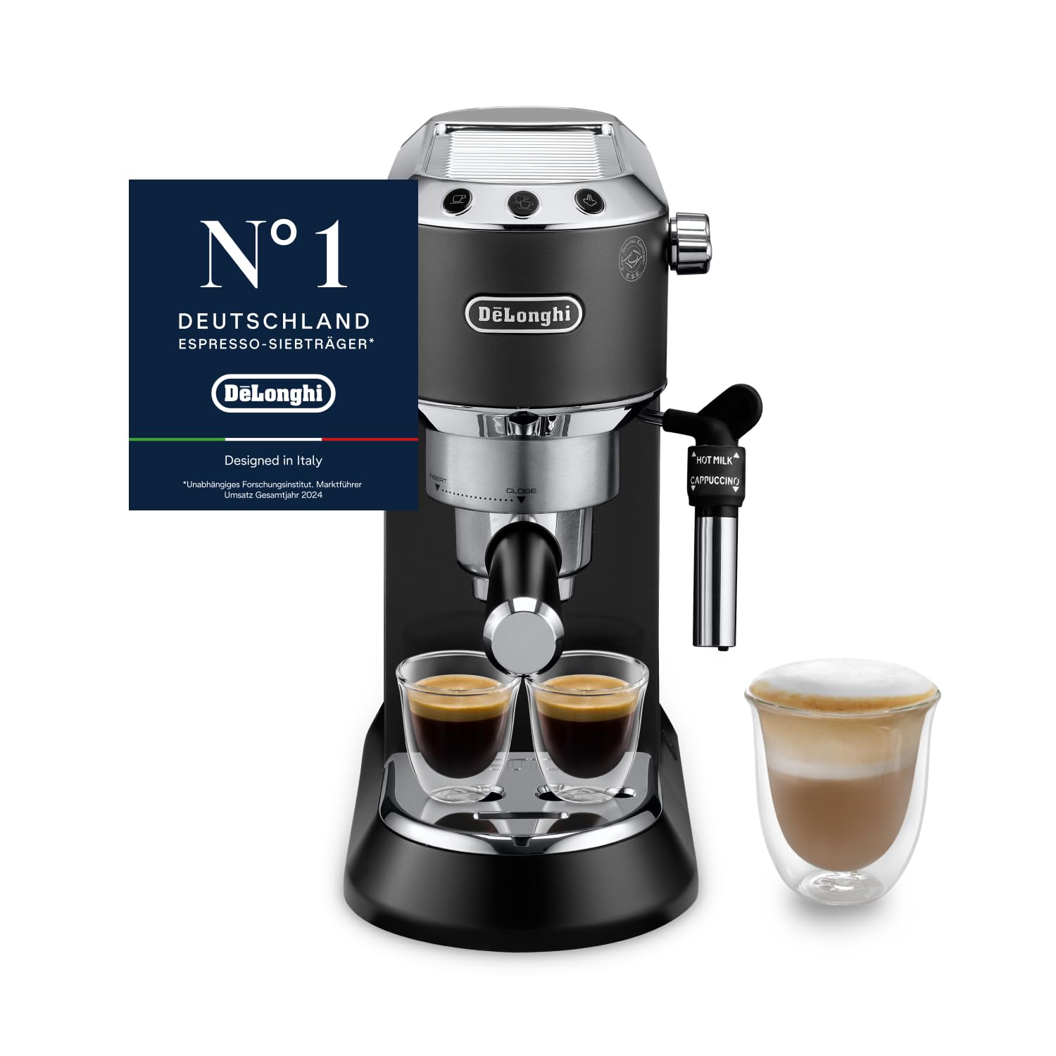 De'Longhi Dedica Style - Perfetto Kompakte Siebträgermaschine Espressomaschine mit Tasten, manuellem Milchaufschäumer für Espresso und Cappuccino, ESE Pad geeignet, 15cm breit, Schwarz (EC685.BK)
