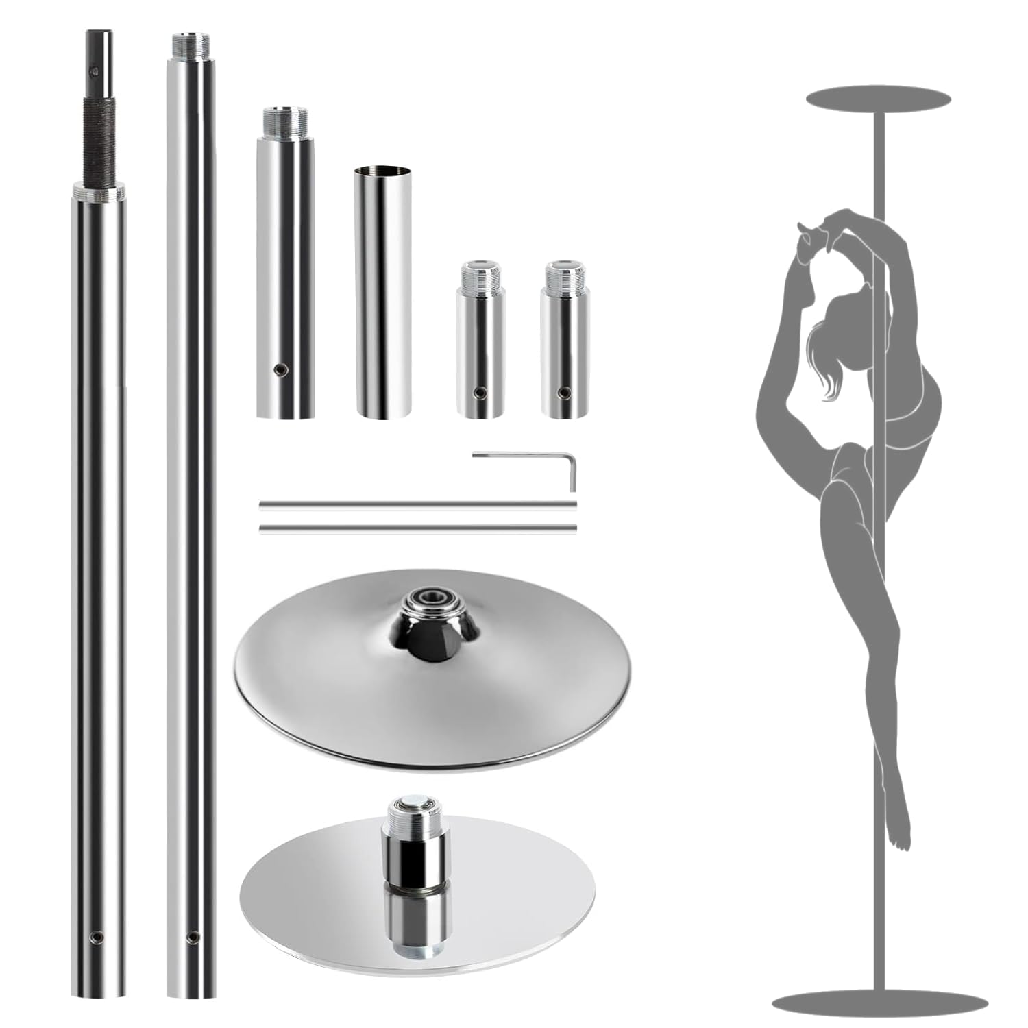 FFitness Palo Pole Dance Professionale da 45mm in Acciaio con modalità Statica e Girevole Palo da Ballo Regolabile in Altezza per Esercizi Fitness