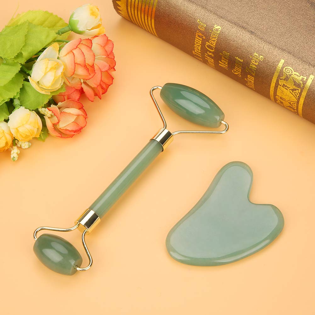 Hztyyier Herramienta de Masaje de desguace de Piedra Natural Gua Sha Tablero de Gua Sha de Cuarzo Verde con Rodillo de Jade de Doble Cabeza para Masaje Facial Relajante en el Cuello y SPA