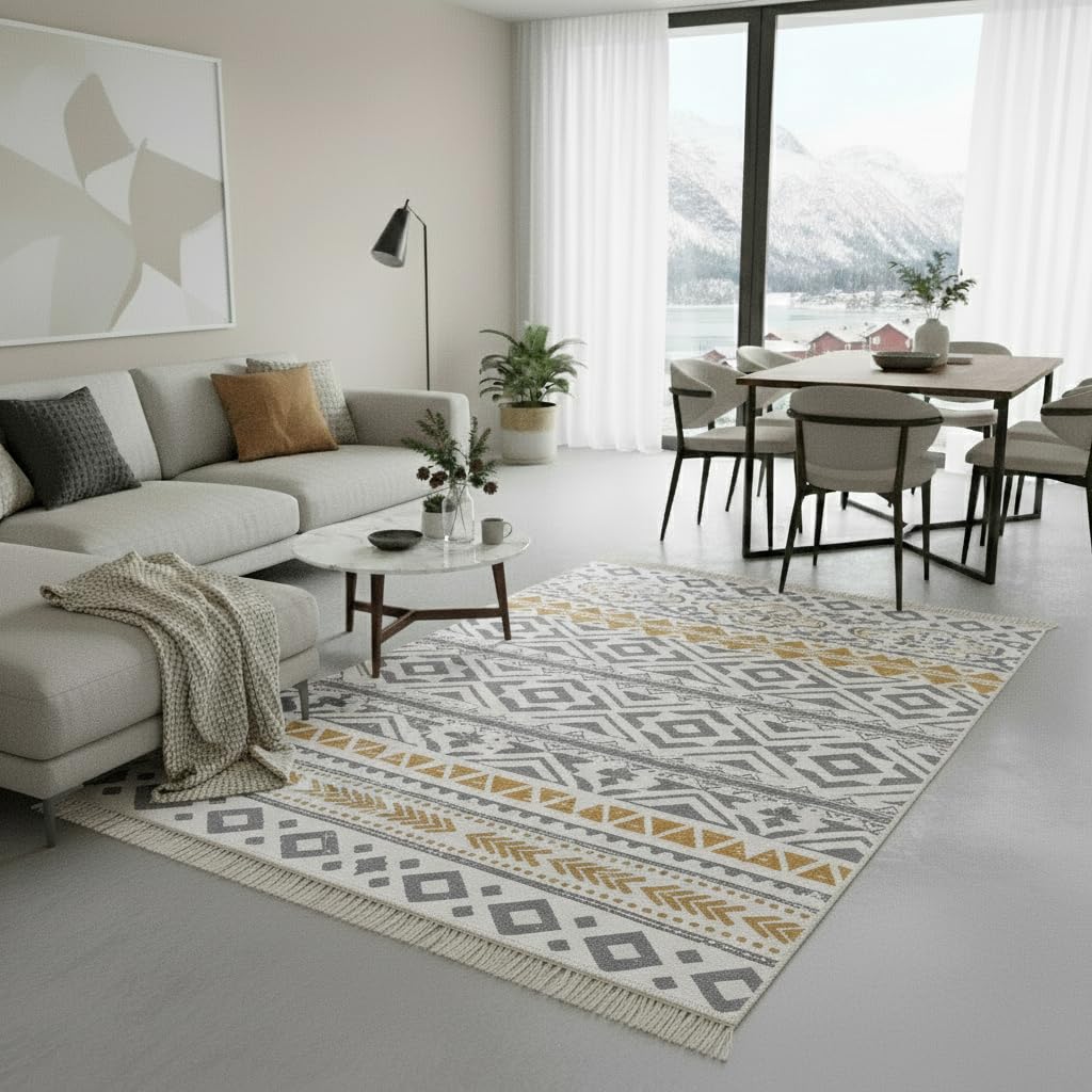 Fashion4Home Tappeto a pelo corto, boho Kelim, per soggiorno, camera da letto e cucina, per corridoio, cameretta dei bambini, in ceramica, grigio chiaro, oro, 160 x 230 cm