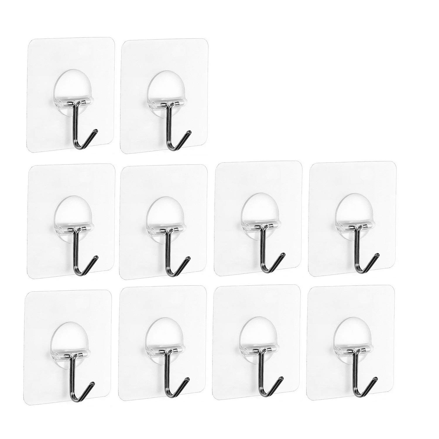 JOEONE Sticky Wall Hooks (Max: 15LB) - Powerful No Scratch Nail Free Transparent Reusable Wall Hooks for Towel Bathrobe Hats Clothes, Kitchen and Bathroom - Waterproof and Oilproof (10 Pack)
