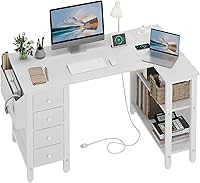Lufeiya 47 Inch White L-Shaped Desk with Drawers, Reversible Shelves & Power Outlet - Corner PC Desk for Home Office