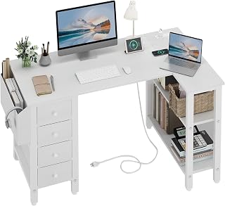 Lufeiya 47 Inch White L-Shaped Computer Desk with Drawers, Reversible Shelves & Power Outlet - Corner Desk for Home Office