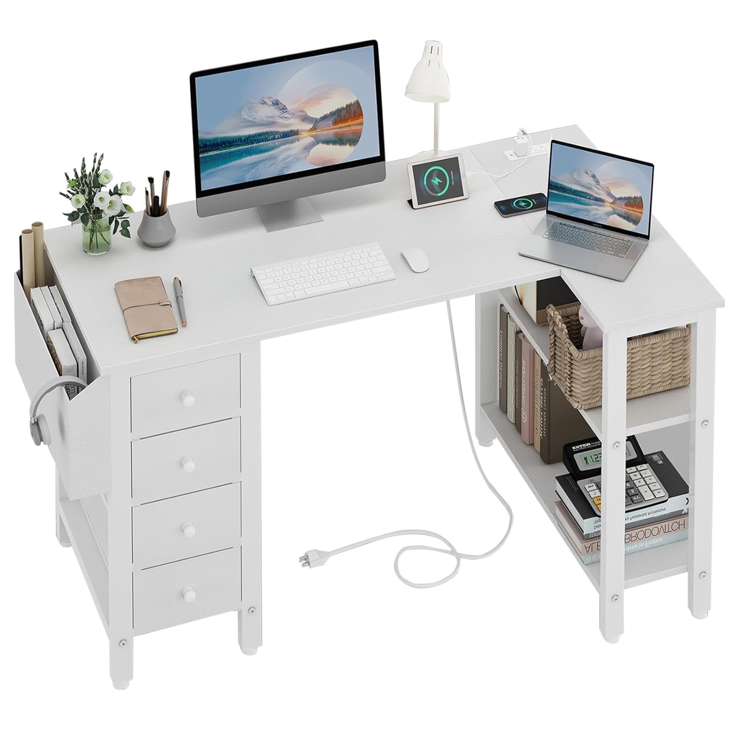 Lufeiya White L Shaped Computer Desk with Drawers Storage Shelves 47 Inch Corner Reversible Desk with Power Outlet
