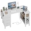 Lufeiya White L Shaped Computer Desk with Drawers & Storage Shelves, 47 Inch Corner Reversible Desk with Power Outlet for Home Office Bedroom, L-Shaped Teen PC Desks with Fabric Drawer, White