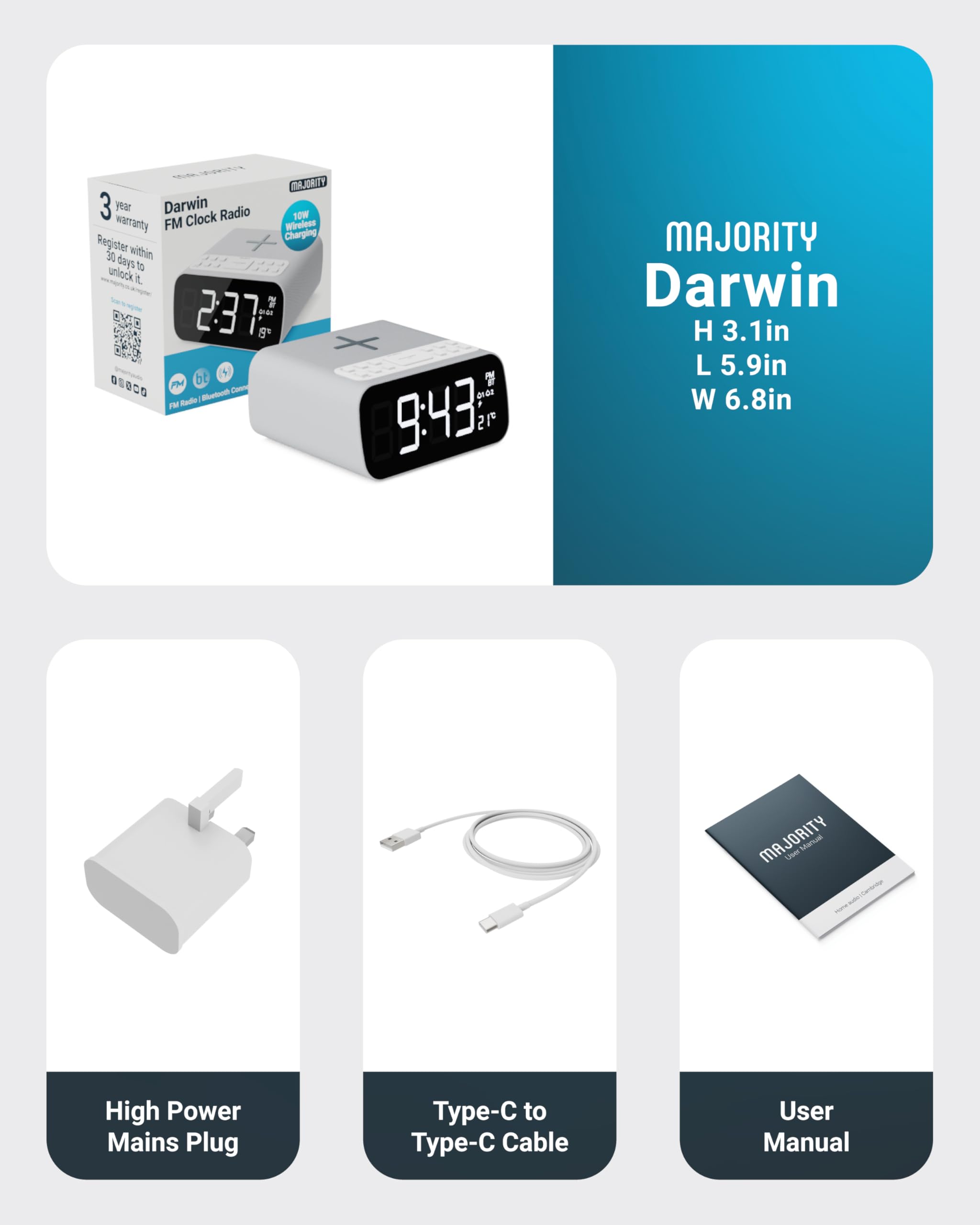 Majority Darwin Radio et Radio-Réveil avec Chargement sans Fil | Réveil Matin avec Thermomètre | Haut-parleurs 12W Alarm Clock | Enceinte Bluetooth Grand Écran Dimmable