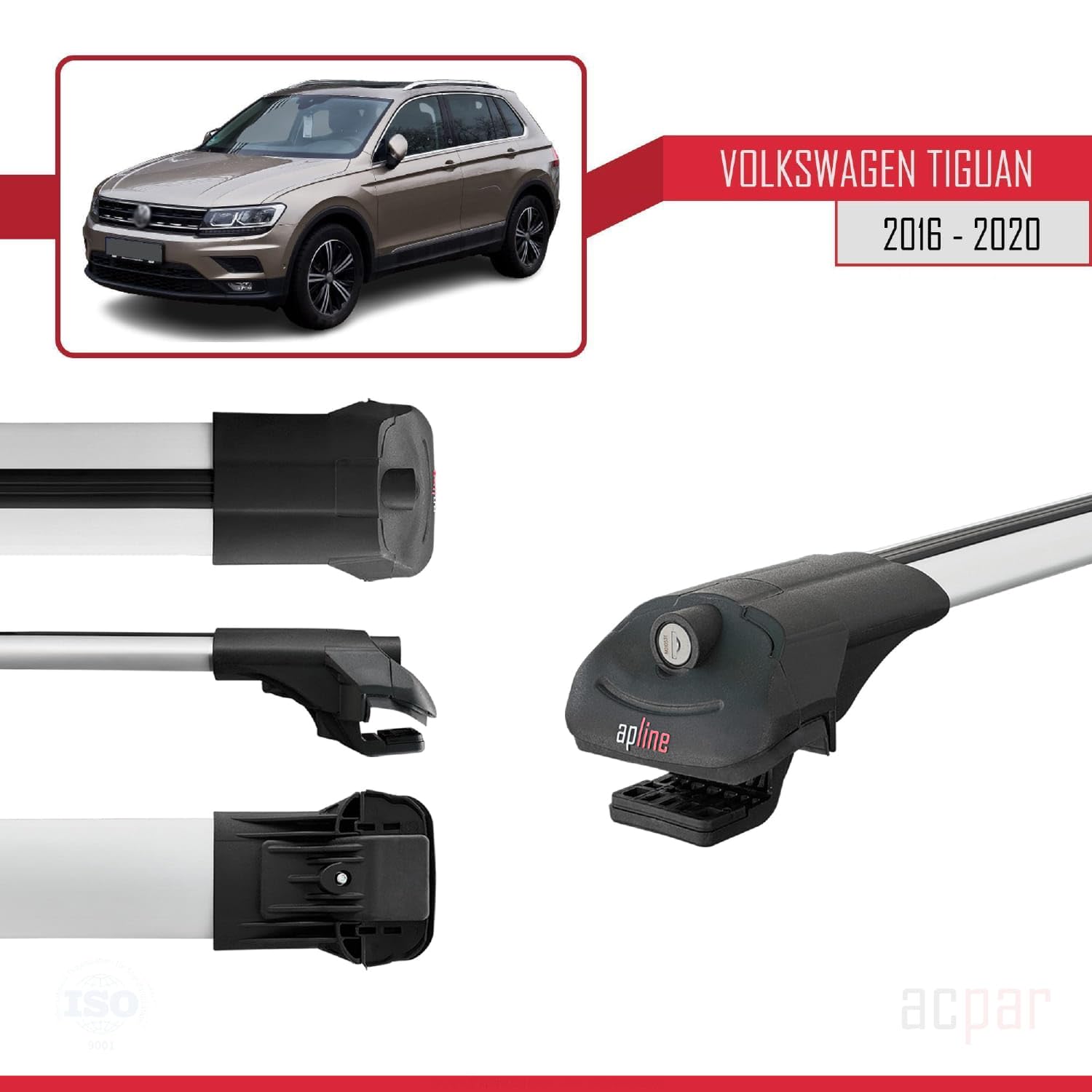 Compatibile con Volkswagen Tiguan 2 (AD) Pre-Facelift 2016-2020 Modello ACE-1 Barre Tetto Portapacchi Auto Barre Portatutto Grigio Alluminio 2 Barre