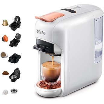 Cafelffe MK-606 5-in-1 Single Serve Capsule Pod Coffee Maker19 Bar Hot/Cold Brew Espresso MachineCompatible with K-Cup/Nes Original/DG/44 mm ESE Pods & Grounds7 Water LevelHome/OfficeWhite