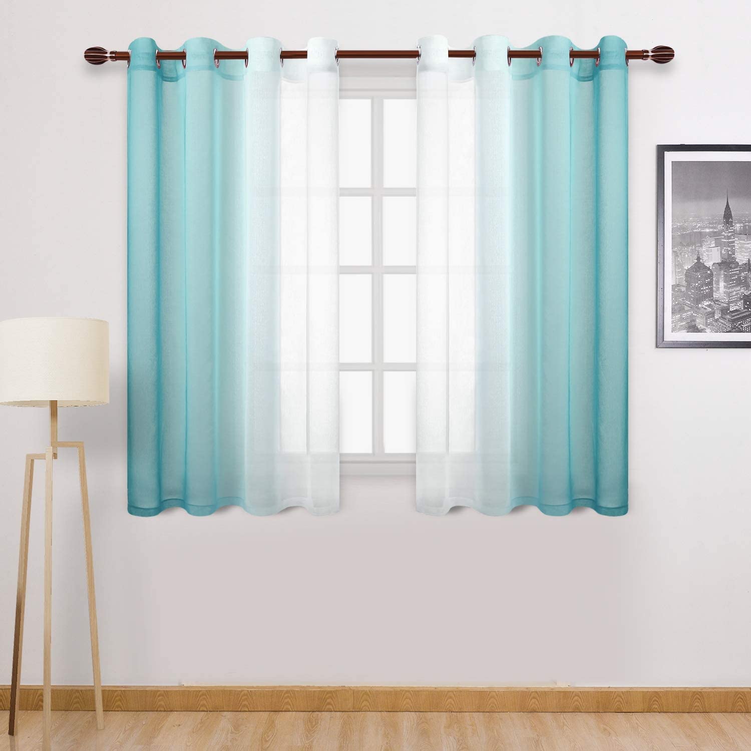 DWCN Sheer Canvas Curtains, Ombre Effect, Semi-Sheer, Gradient, for Bedroom and Living Room, 2-Pack, Length 132 x 160 cm, Teal Blue — image 1