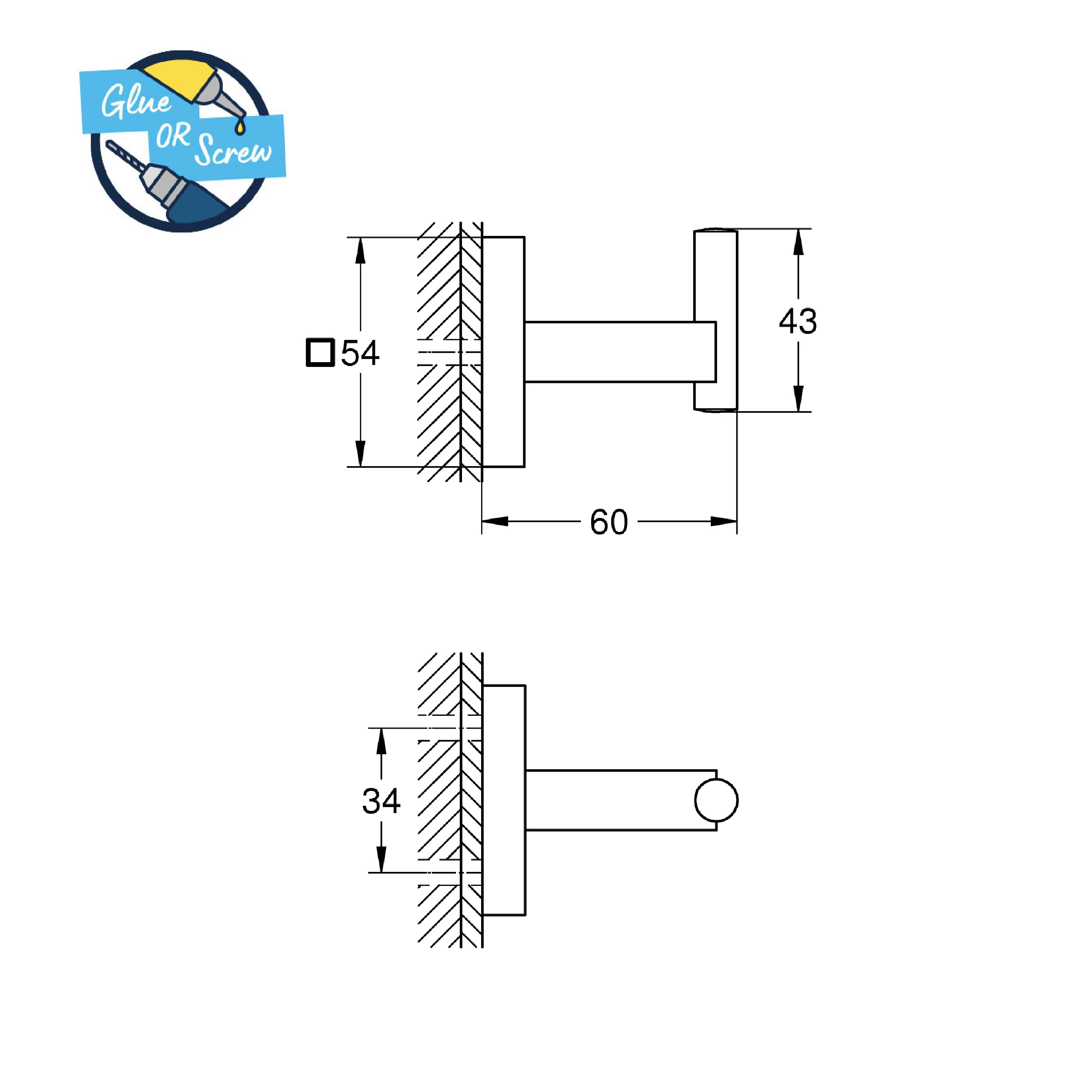 GROHE Start Cube Porta accappatoio con GROHE QuickGlue A1 - Porta asciugamani da doccia a parete per bagno (metallo, fissaggio nascosto, con viti e tasselli), acciaio inossidabile, 40961DC0