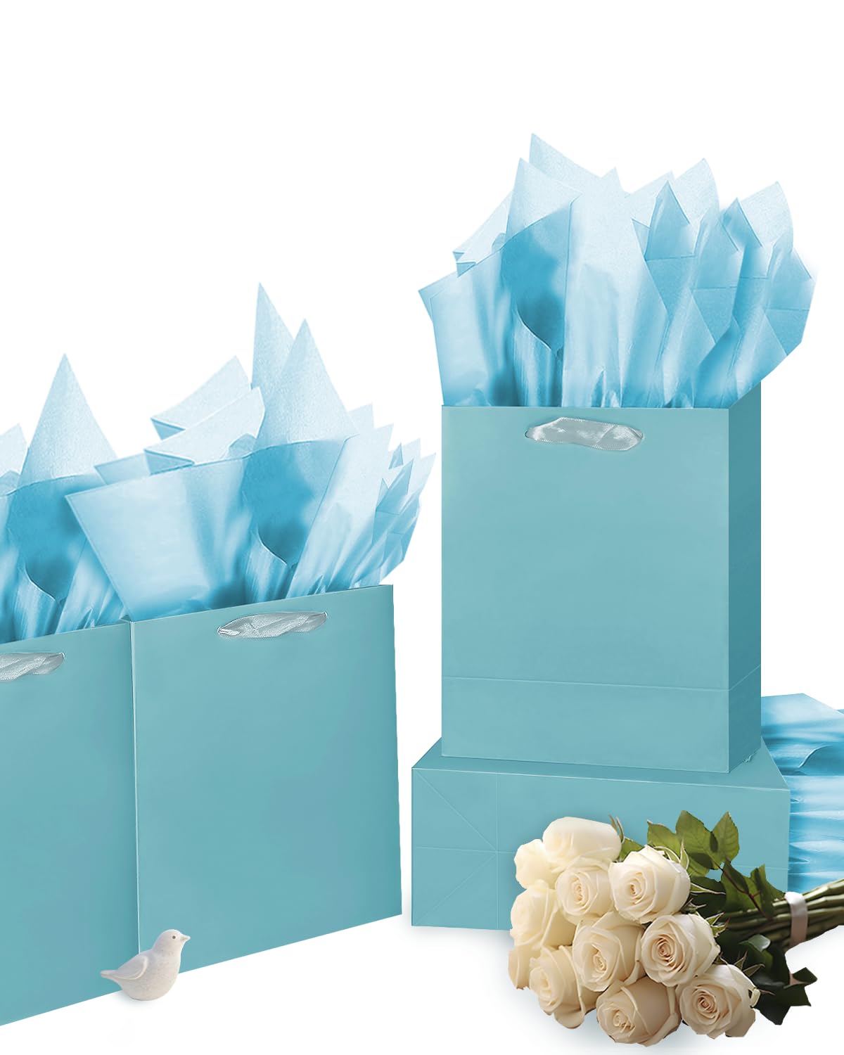 Set 12 Sacchetti Regalo Medi Di Carta Blu Con Manici, 12 Fogli Carta Velina E Etichette, Per Compleanni E Natale